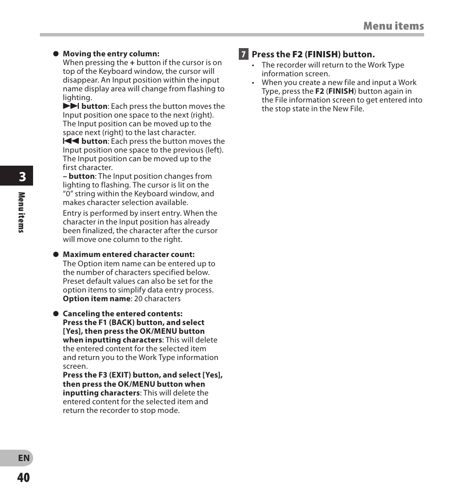 Menu items | Olympus DS-3500 User Manual | Page 40 / 56