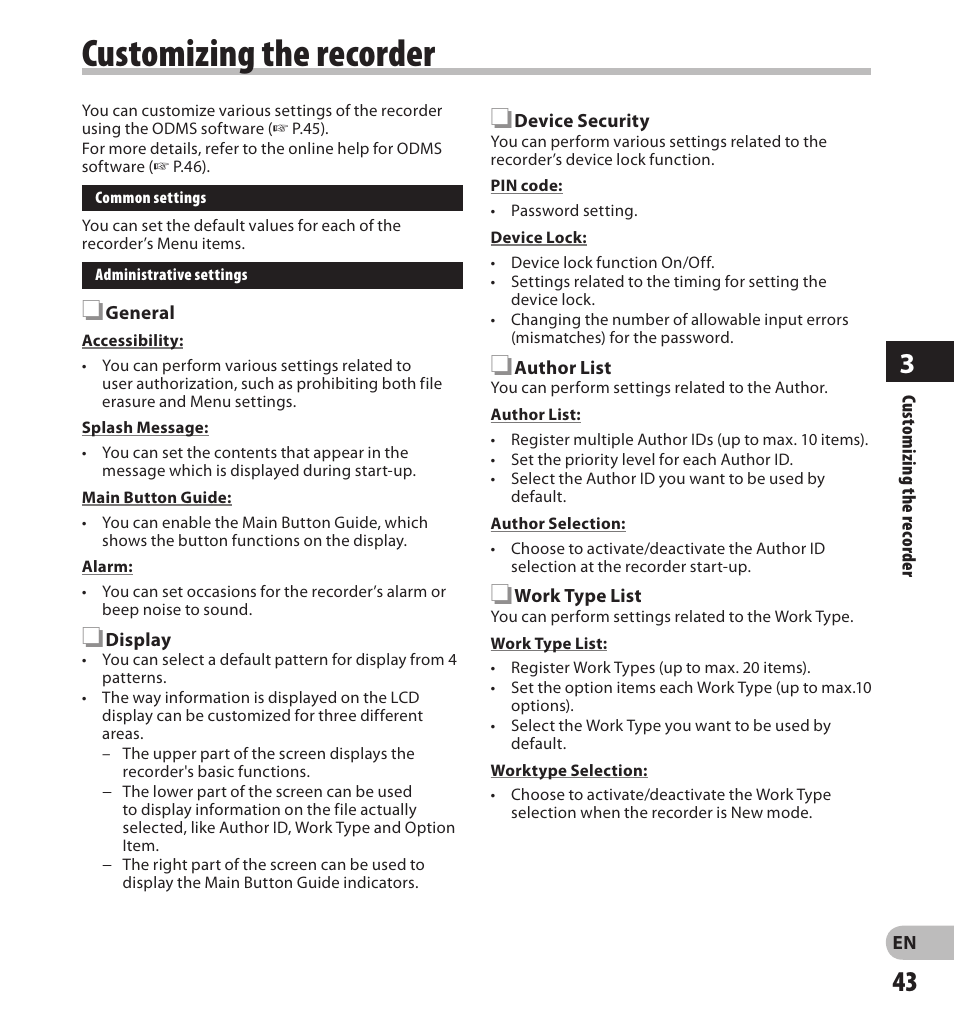 Customizing the recorder | Olympus DS-3500 User Manual | Page 43 / 56