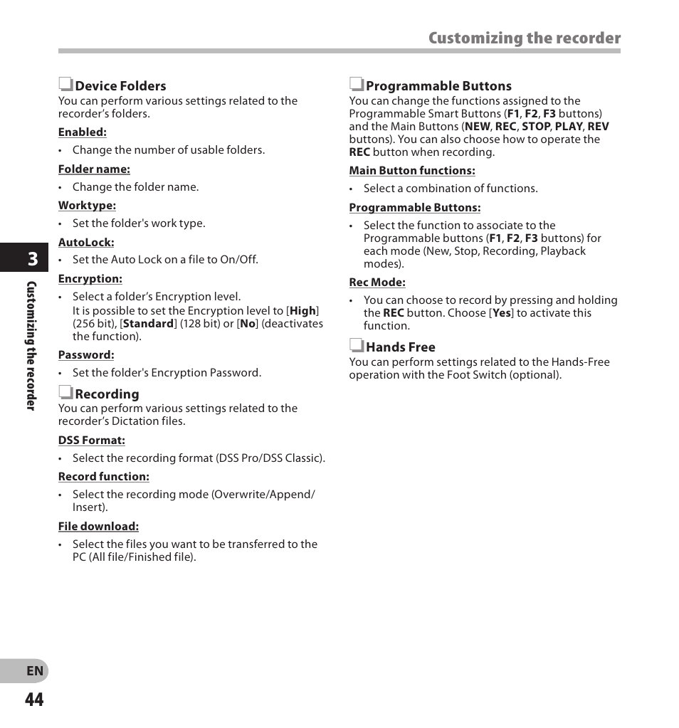 Customizing the recorder | Olympus DS-3500 User Manual | Page 44 / 56