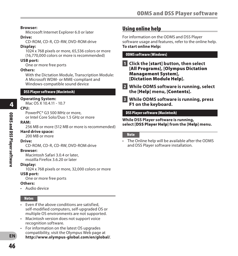 Odms and dss player software using online help | Olympus DS-3500 User Manual | Page 46 / 56
