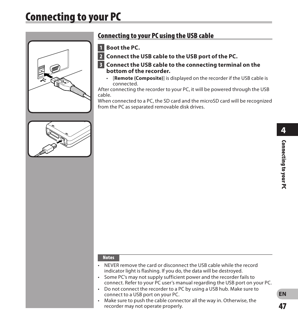 Connecting to your pc, Connecting to your pc using the usb cable | Olympus DS-3500 User Manual | Page 47 / 56