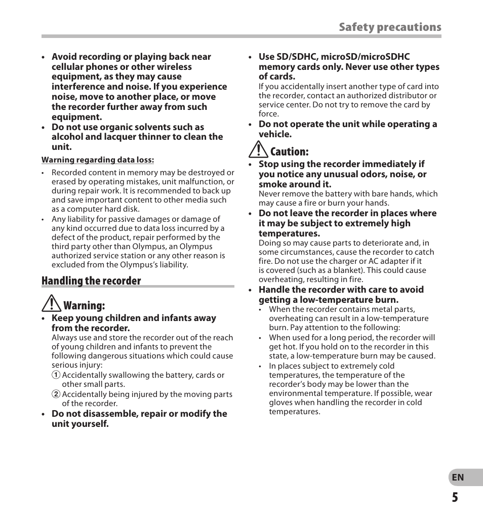 Safety precautions, Handling the recorder f warning, F caution | Olympus DS-3500 User Manual | Page 5 / 56