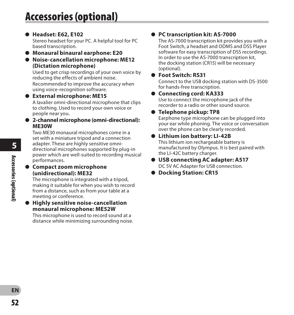 Accessories (optional) | Olympus DS-3500 User Manual | Page 52 / 56