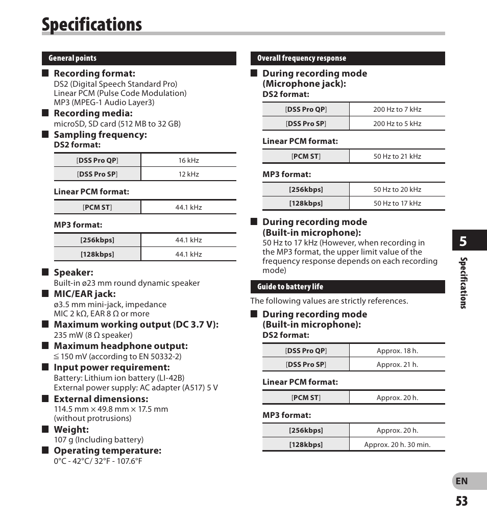 Specifications | Olympus DS-3500 User Manual | Page 53 / 56