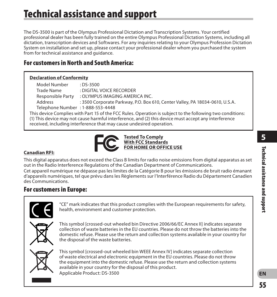 Technical assistance and support, For customers in europe, For customers in north and south america | Olympus DS-3500 User Manual | Page 55 / 56