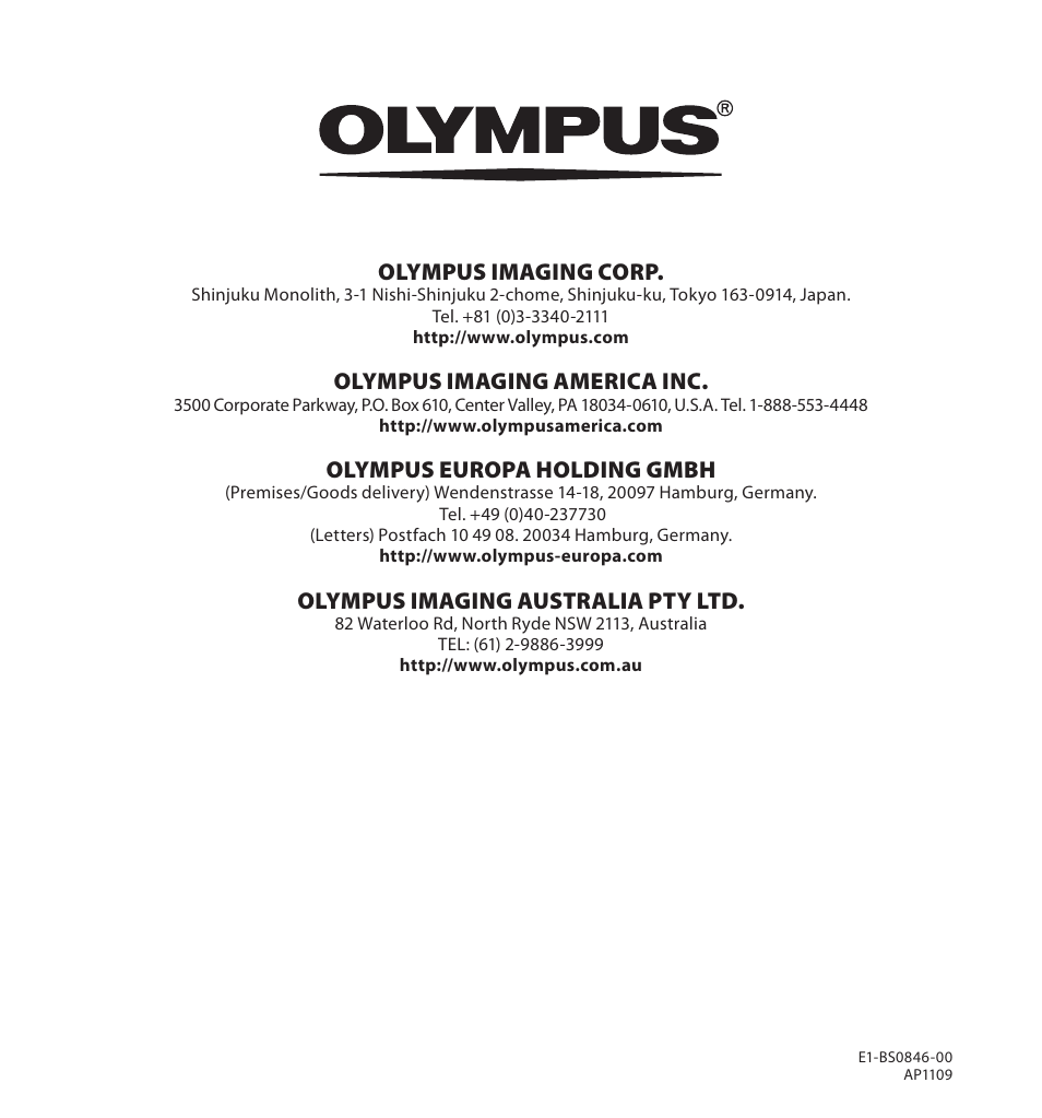 Olympus imaging corp, Olympus imaging america inc, Olympus europa holding gmbh | Olympus imaging australia pty ltd | Olympus DS-3500 User Manual | Page 56 / 56