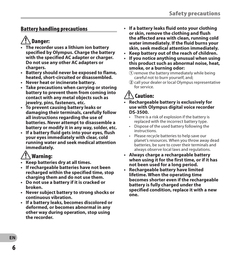 Safety precautions, F caution, Battery handling precautions f danger | F warning | Olympus DS-3500 User Manual | Page 6 / 56