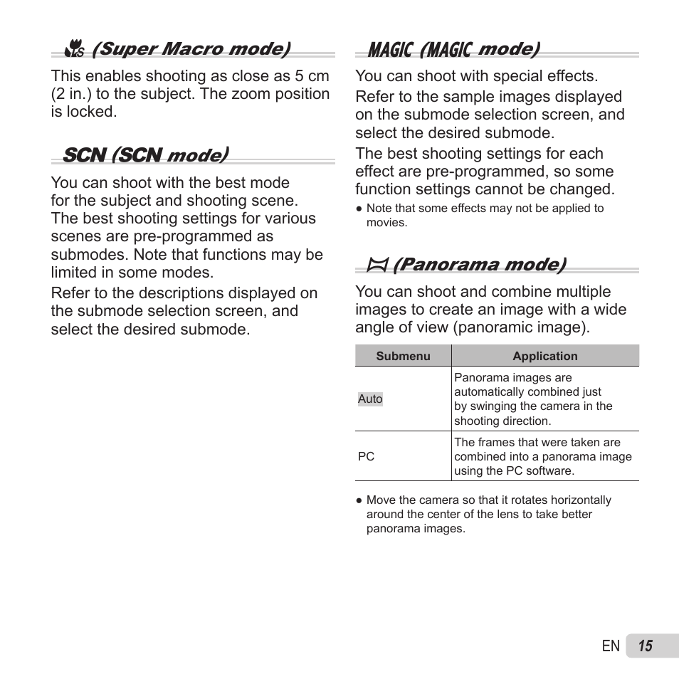 A(super macro mode), Mode), P( p mode) | P(panorama mode) | Olympus VH-520 User Manual | Page 15 / 68