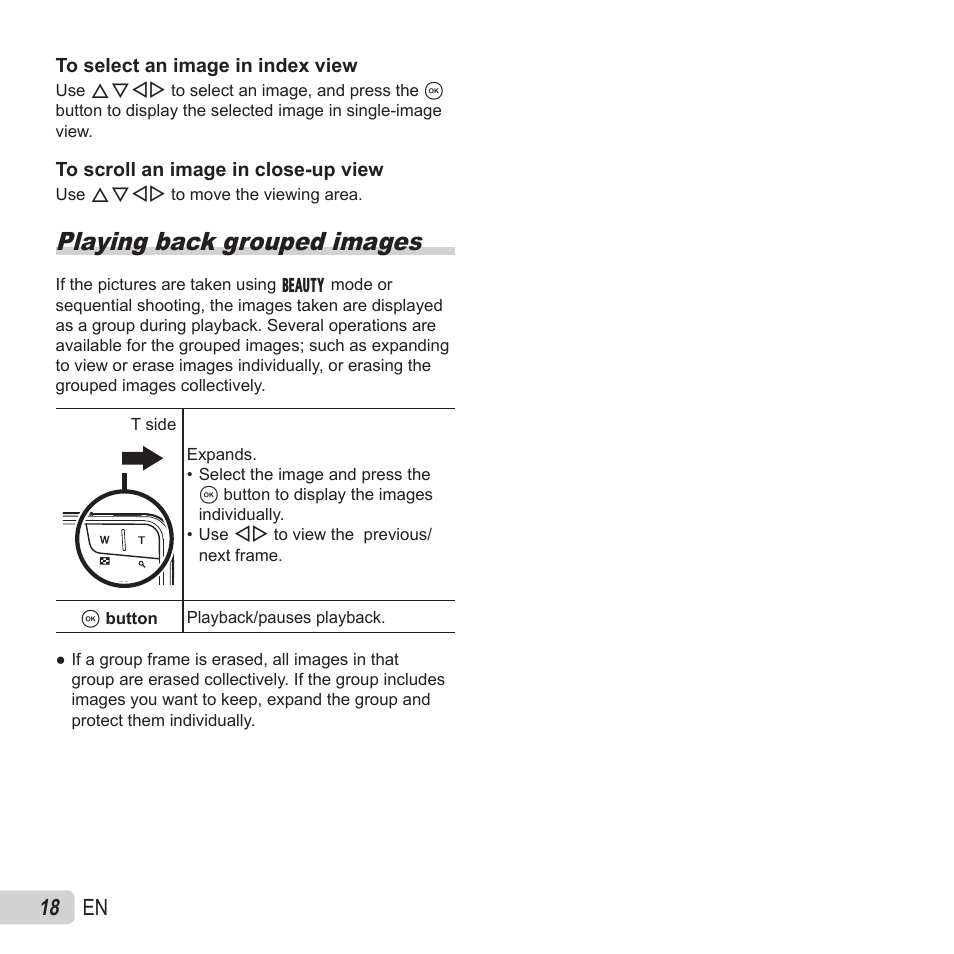 Playing back grouped images, 18 en | Olympus VH-520 User Manual | Page 18 / 68
