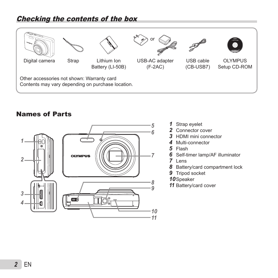 Preparing the camera, Checking the contents of the box, 2 en | Names of parts | Olympus VH-520 User Manual | Page 2 / 68