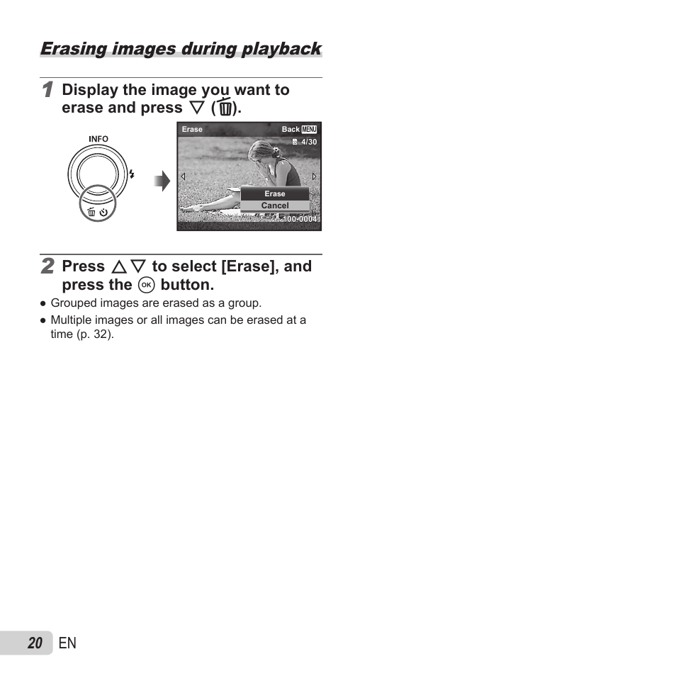 Erasing, Erasing images during playback, 20 en | Press fg to select [erase], and press the a button | Olympus VH-520 User Manual | Page 20 / 68