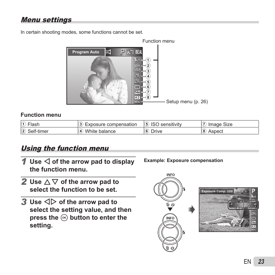 Menu settings, Using the function menu, 23 en | Function menu | Olympus VH-520 User Manual | Page 23 / 68
