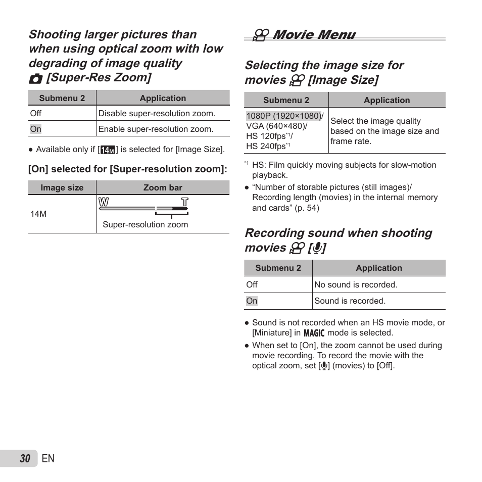A movie menu, 30 en | Olympus VH-520 User Manual | Page 30 / 68