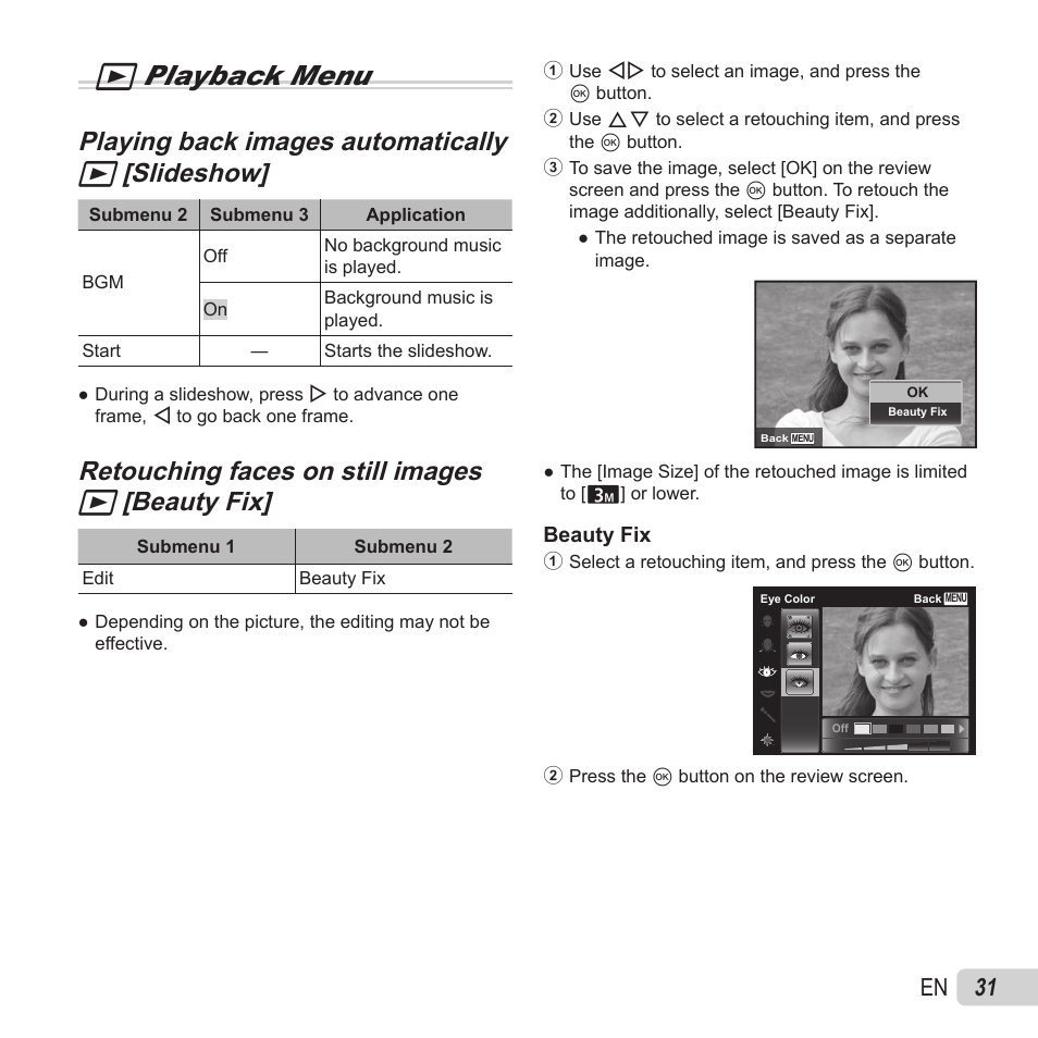 Q playback menu, Playing back images automatically, Retouching faces on still images | 31 en | Olympus VH-520 User Manual | Page 31 / 68