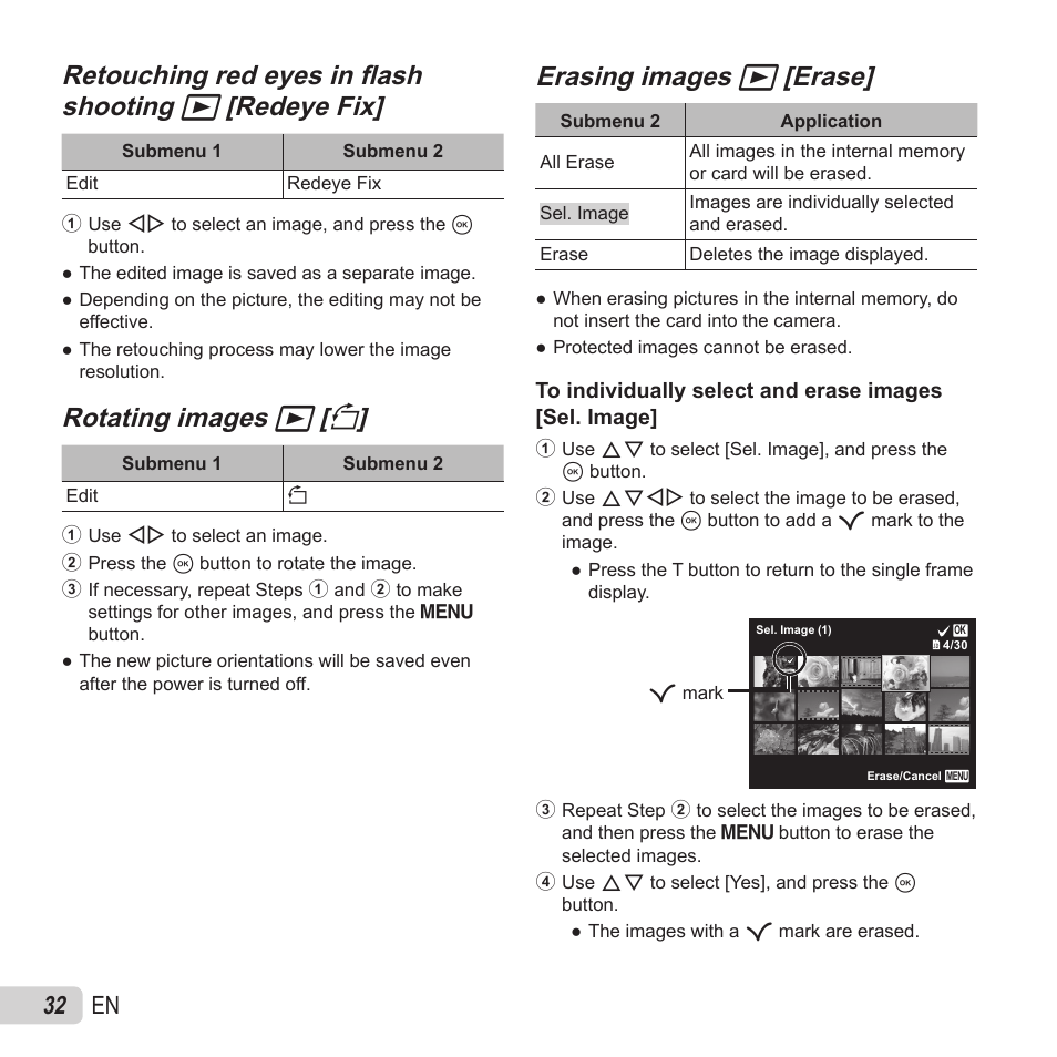 Rotating images, Rotating images q q [ [ y y, Erasing images | Erasing images q q [erase] [erase, 32 en | Olympus VH-520 User Manual | Page 32 / 68