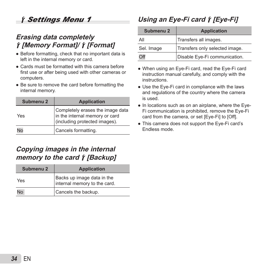 Dsettings menu 1, Erasing data completely, Using an eye-fi card | Using an eye-fi card dd [eye-fi] [eye-fi, 34 en | Olympus VH-520 User Manual | Page 34 / 68
