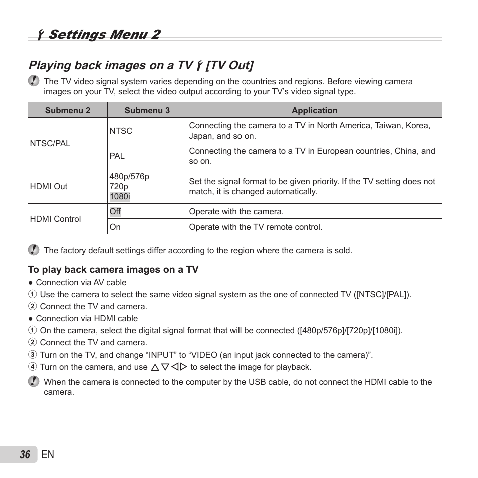 Dsettings menu 2, Playing back images on a tv, Playing back images on a tv dd [tv out] [tv out | 36 en | Olympus VH-520 User Manual | Page 36 / 68