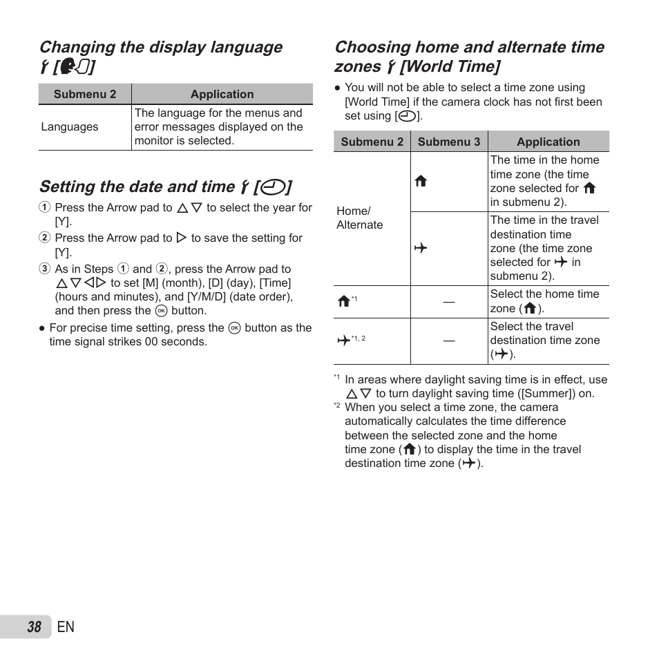 Changing the display language, Changing the display language dd [ [ l l, Setting the date and time | Setting the date and time dd [ [ x x, 38 en | Olympus VH-520 User Manual | Page 38 / 68