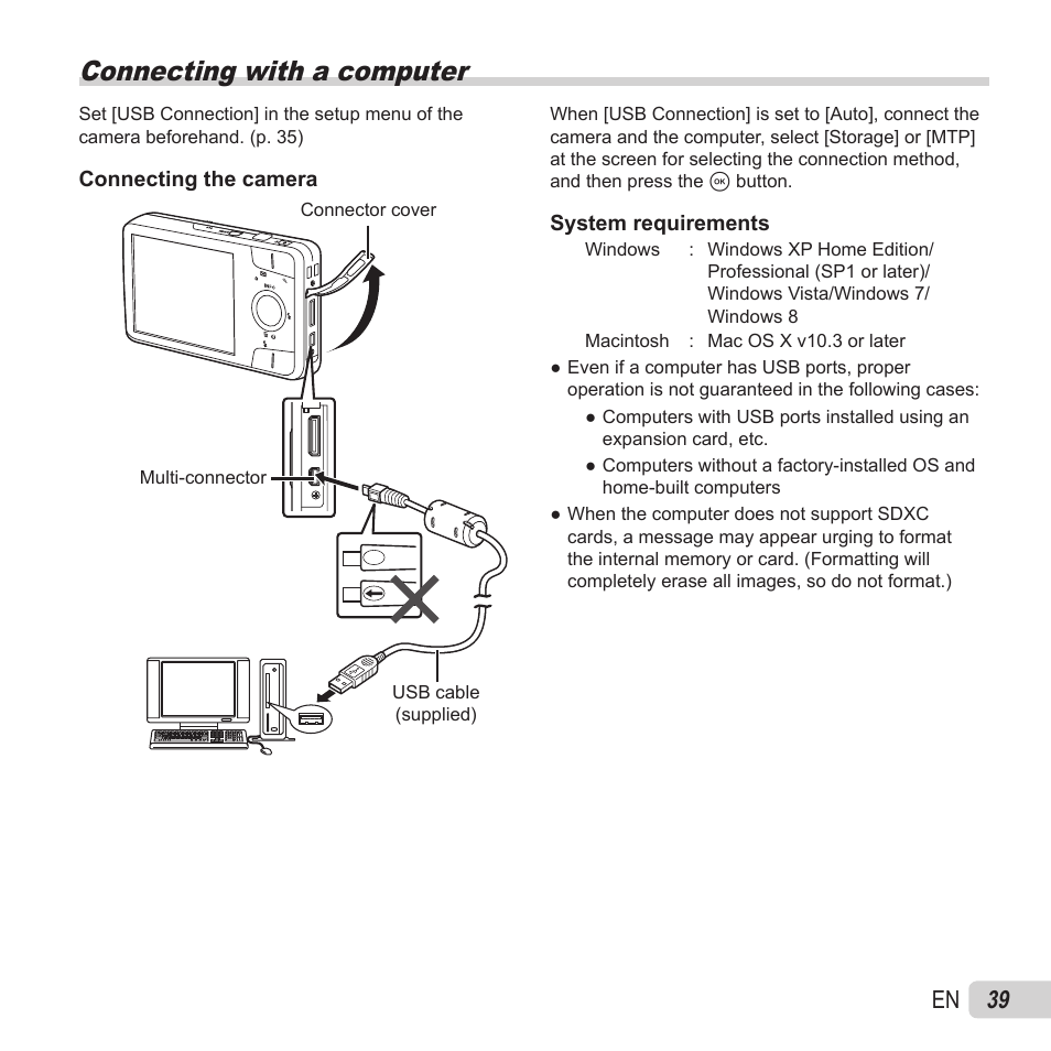 Connecting with a computer, 39 en | Olympus VH-520 User Manual | Page 39 / 68