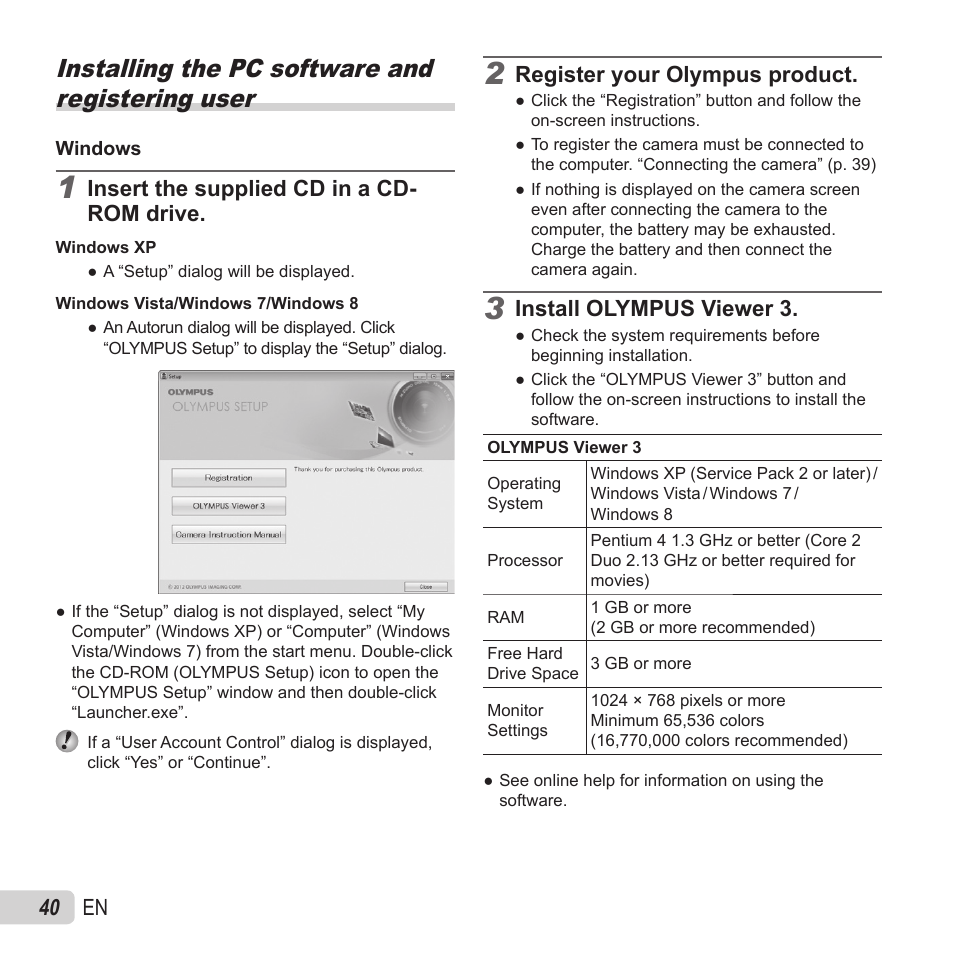 Installing the pc software and registering user, 40 en, Insert the supplied cd in a cd- rom drive | Register your olympus product, Install olympus viewer 3 | Olympus VH-520 User Manual | Page 40 / 68