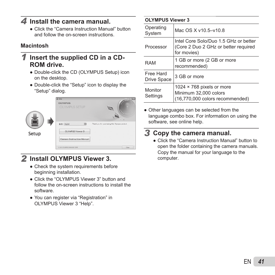 41 en, Install the camera manual, Insert the supplied cd in a cd- rom drive | Install olympus viewer 3, Copy the camera manual | Olympus VH-520 User Manual | Page 41 / 68