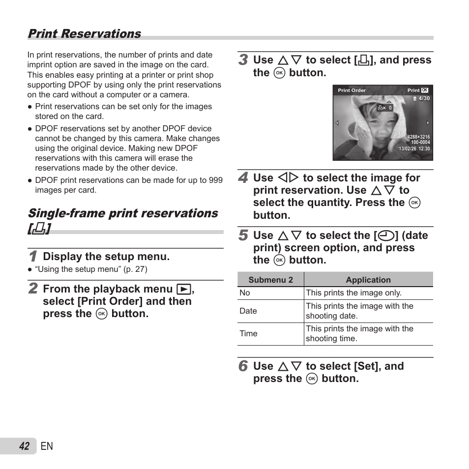 Printing, Single-frame print reservations, Print reservations | Olympus VH-520 User Manual | Page 42 / 68