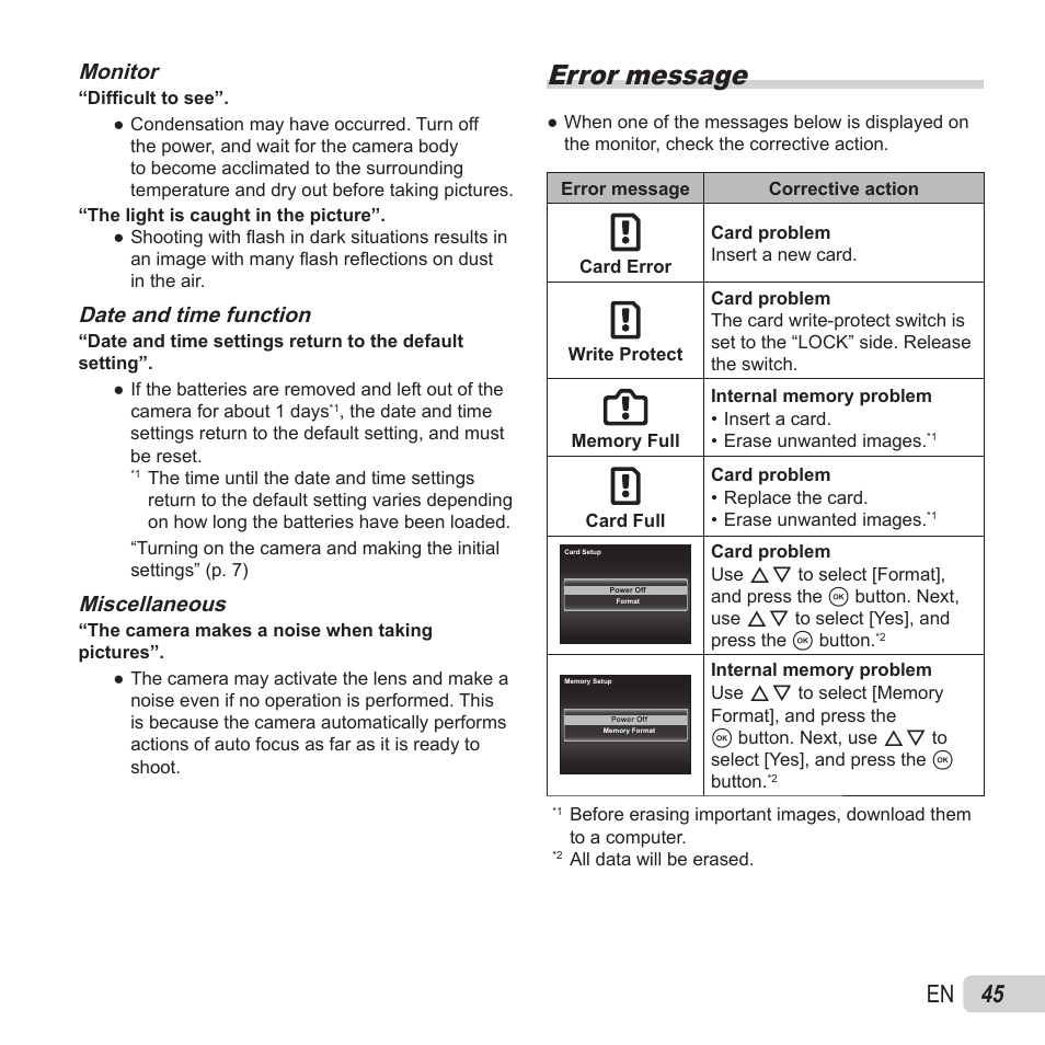 Error message, 45 en, Monitor | Date and time function, Miscellaneous | Olympus VH-520 User Manual | Page 45 / 68