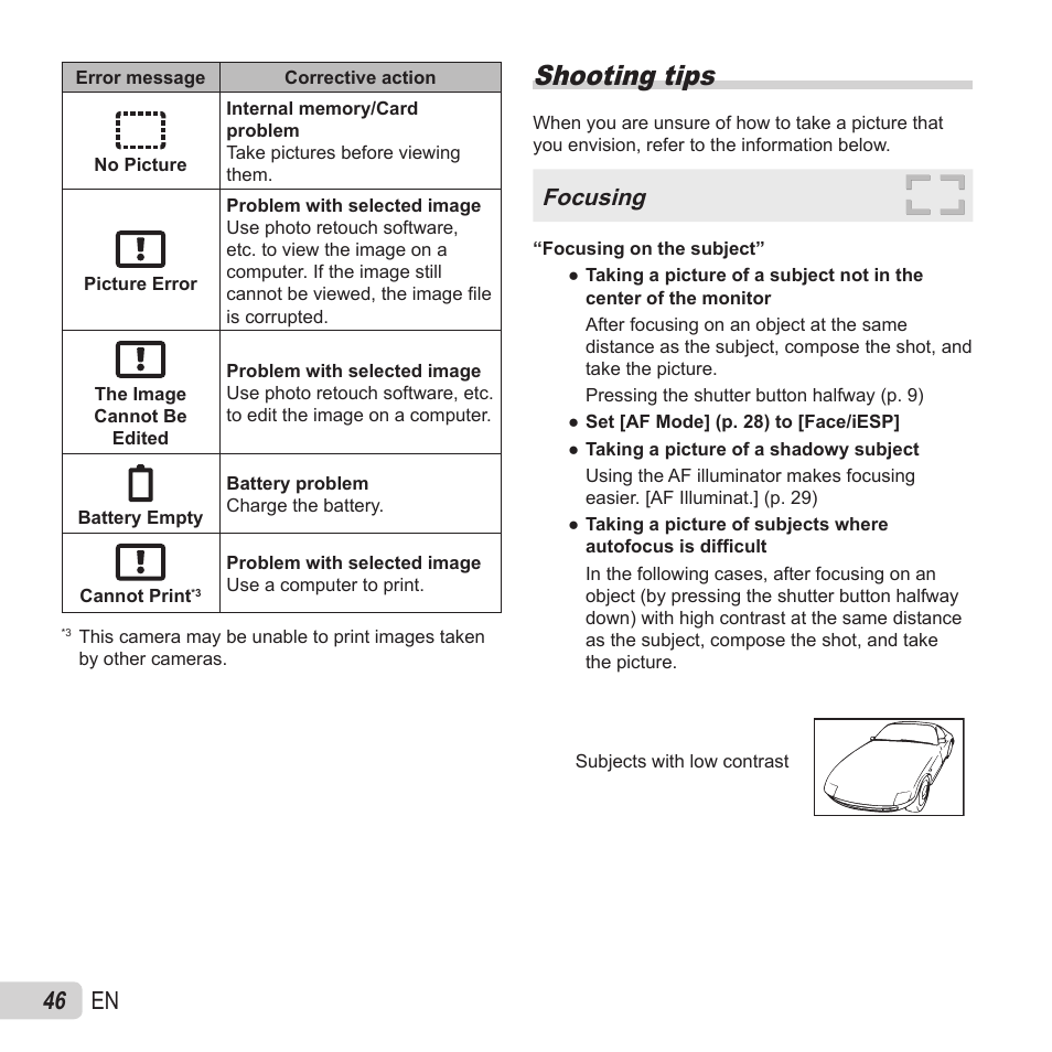 Shooting tips, 46 en, Focusing | Olympus VH-520 User Manual | Page 46 / 68