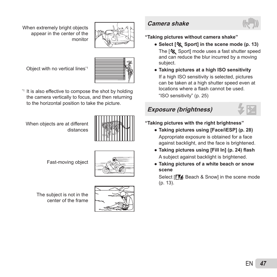 47 en, Camera shake, Exposure (brightness) | Olympus VH-520 User Manual | Page 47 / 68