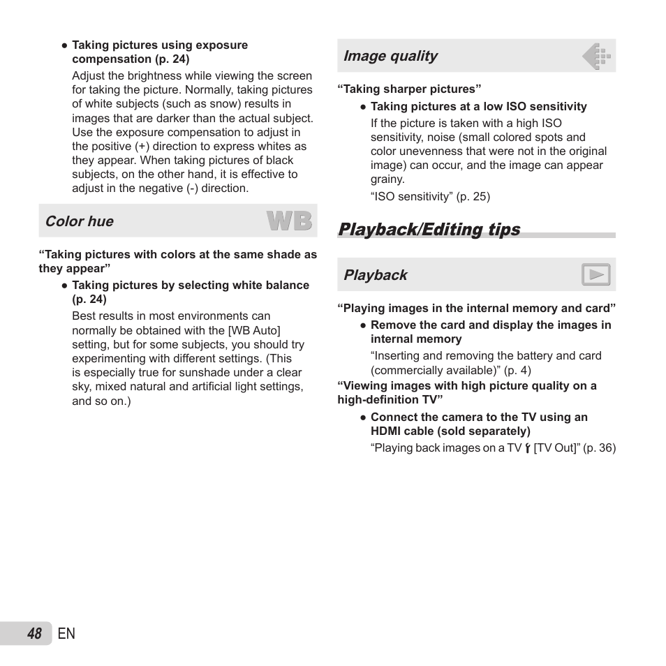 Playback/editing tips, 48 en, Color hue | Image quality, Playback | Olympus VH-520 User Manual | Page 48 / 68
