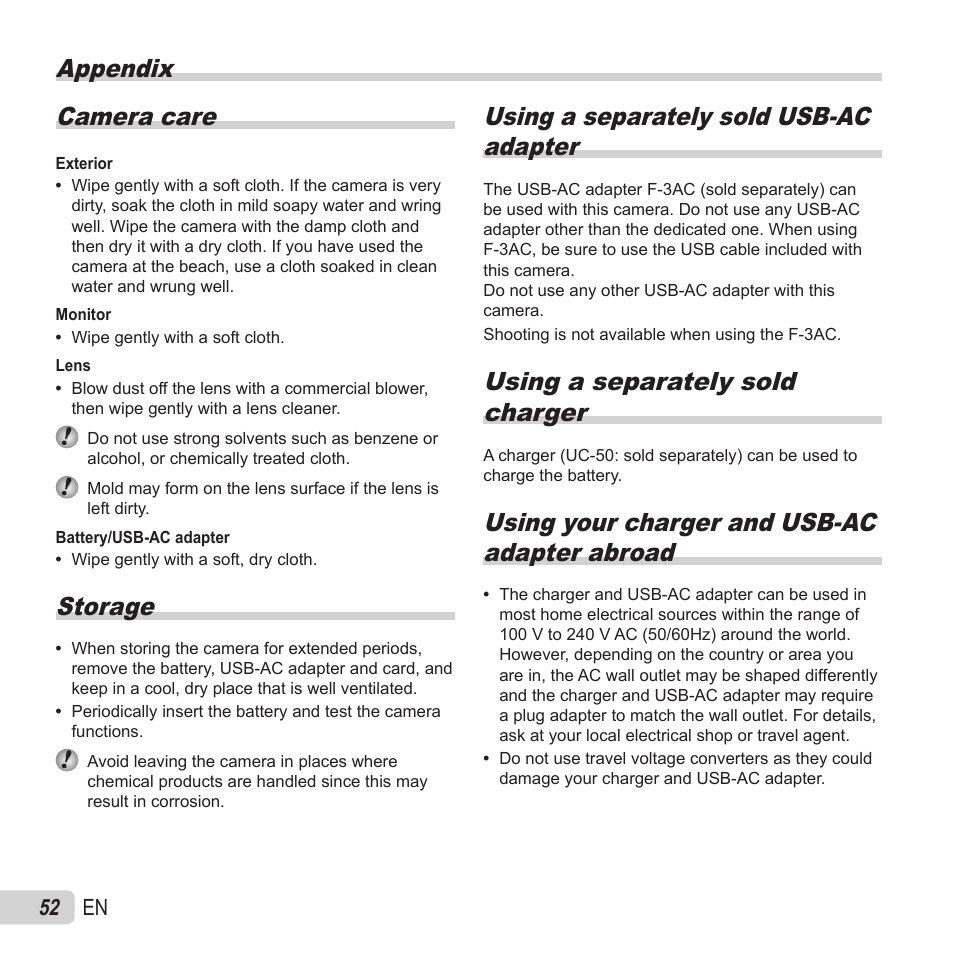 Appendix, Appendix camera care, Storage | Using a separately sold usb-ac adapter, Using a separately sold charger, Using your charger and usb-ac adapter abroad, 52 en | Olympus VH-520 User Manual | Page 52 / 68