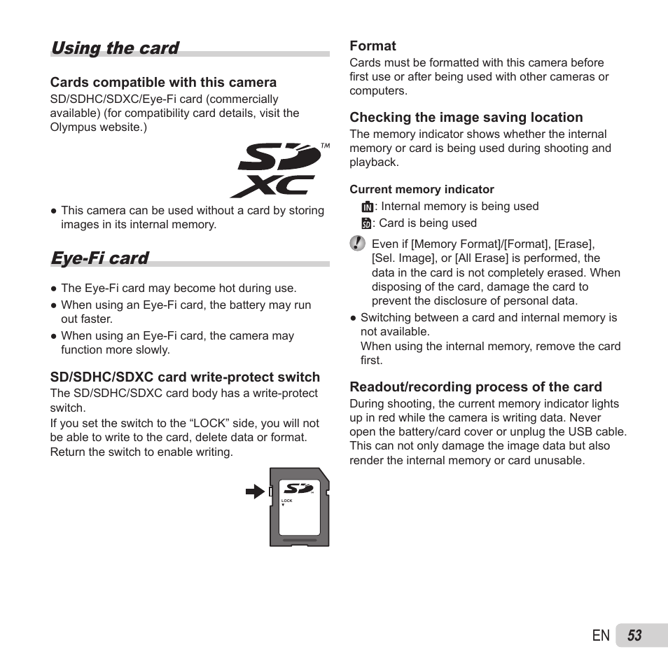 Using the card, Eye-fi card, 53 en | Olympus VH-520 User Manual | Page 53 / 68