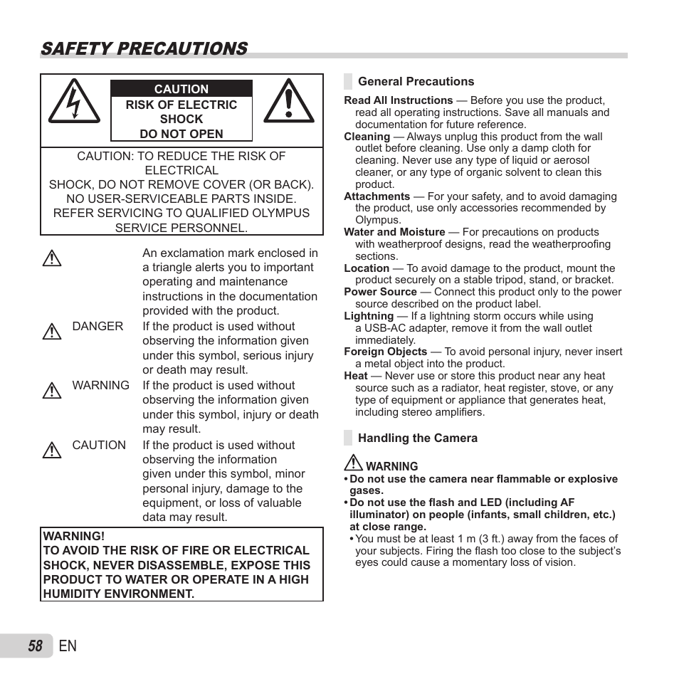 Safety precautions, 58 en | Olympus VH-520 User Manual | Page 58 / 68