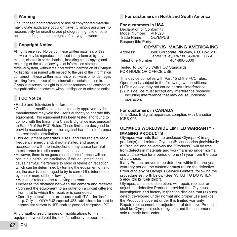 62 en | Olympus VH-520 User Manual | Page 62 / 68