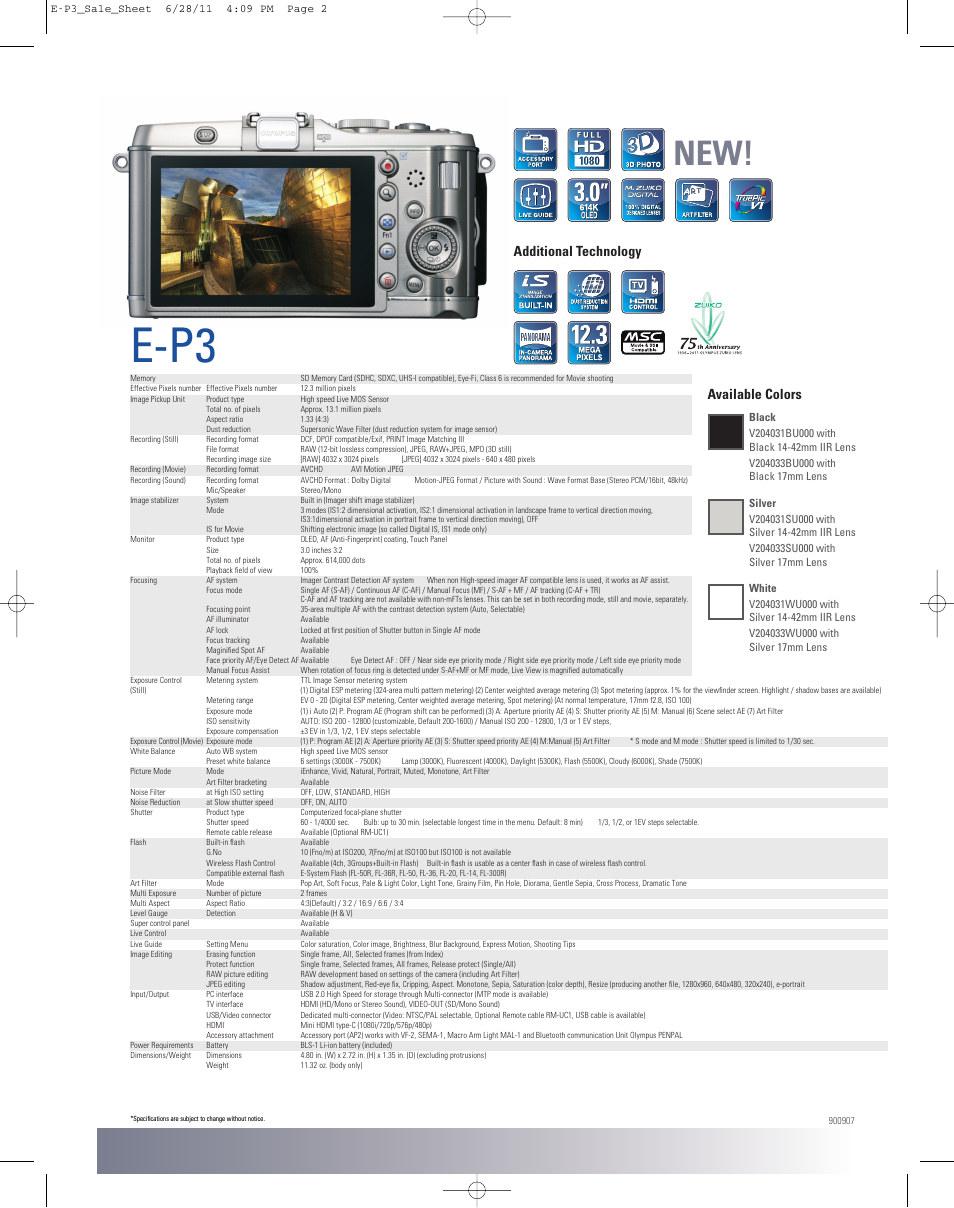 E-p3, Available colors, Additional technology | Olympus E-P3 User Manual | Page 2 / 2