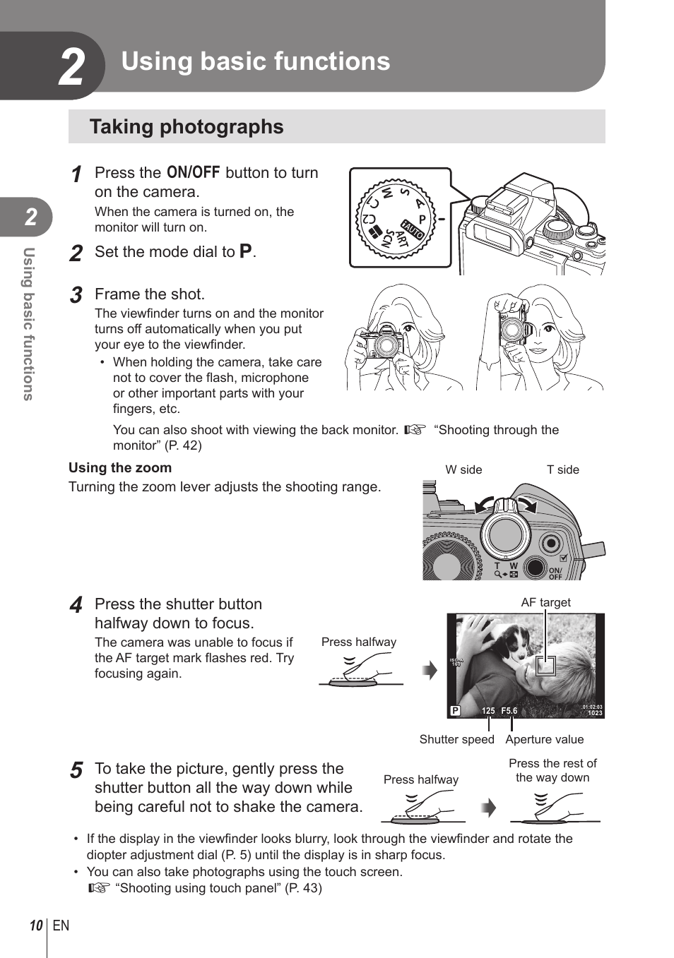 Using basic functions, Taking photographs | Olympus STYLUS 1 User Manual | Page 10 / 120