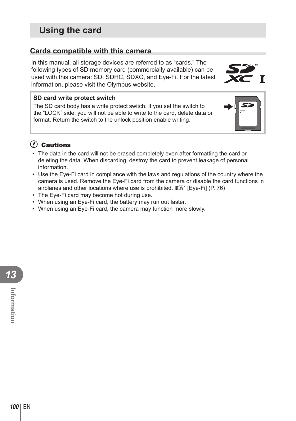 Using the card | Olympus STYLUS 1 User Manual | Page 100 / 120