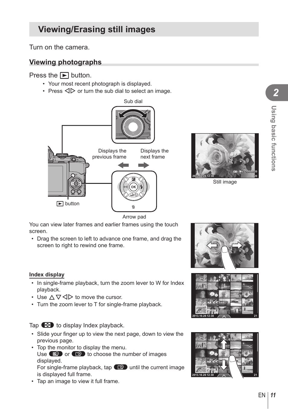 Viewing/erasing still images, Viewing photographs, Turn on the camera | Press the q button, 11 en using basic functions | Olympus STYLUS 1 User Manual | Page 11 / 120