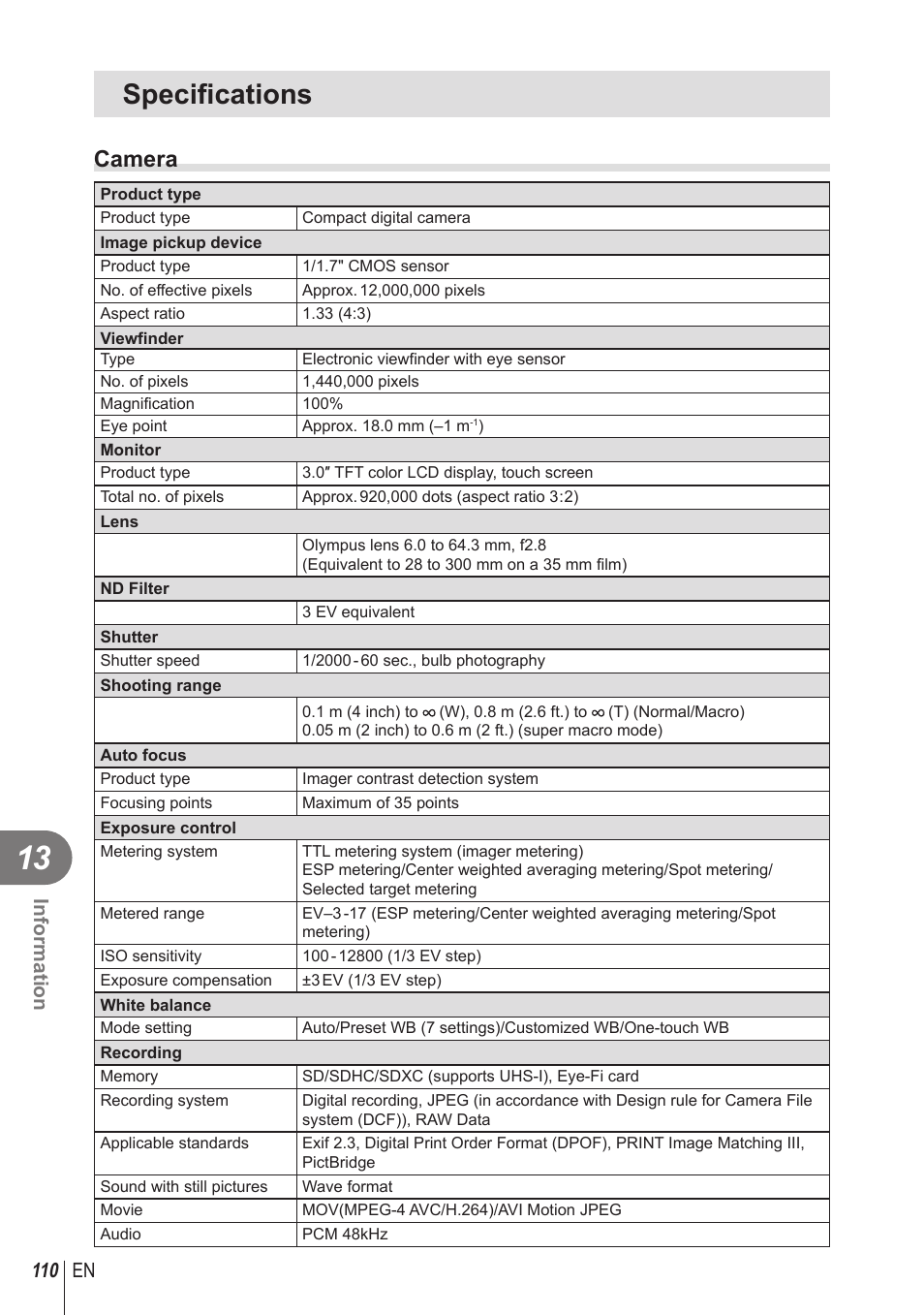 Specifications, Camera, 110 en information | Olympus STYLUS 1 User Manual | Page 110 / 120