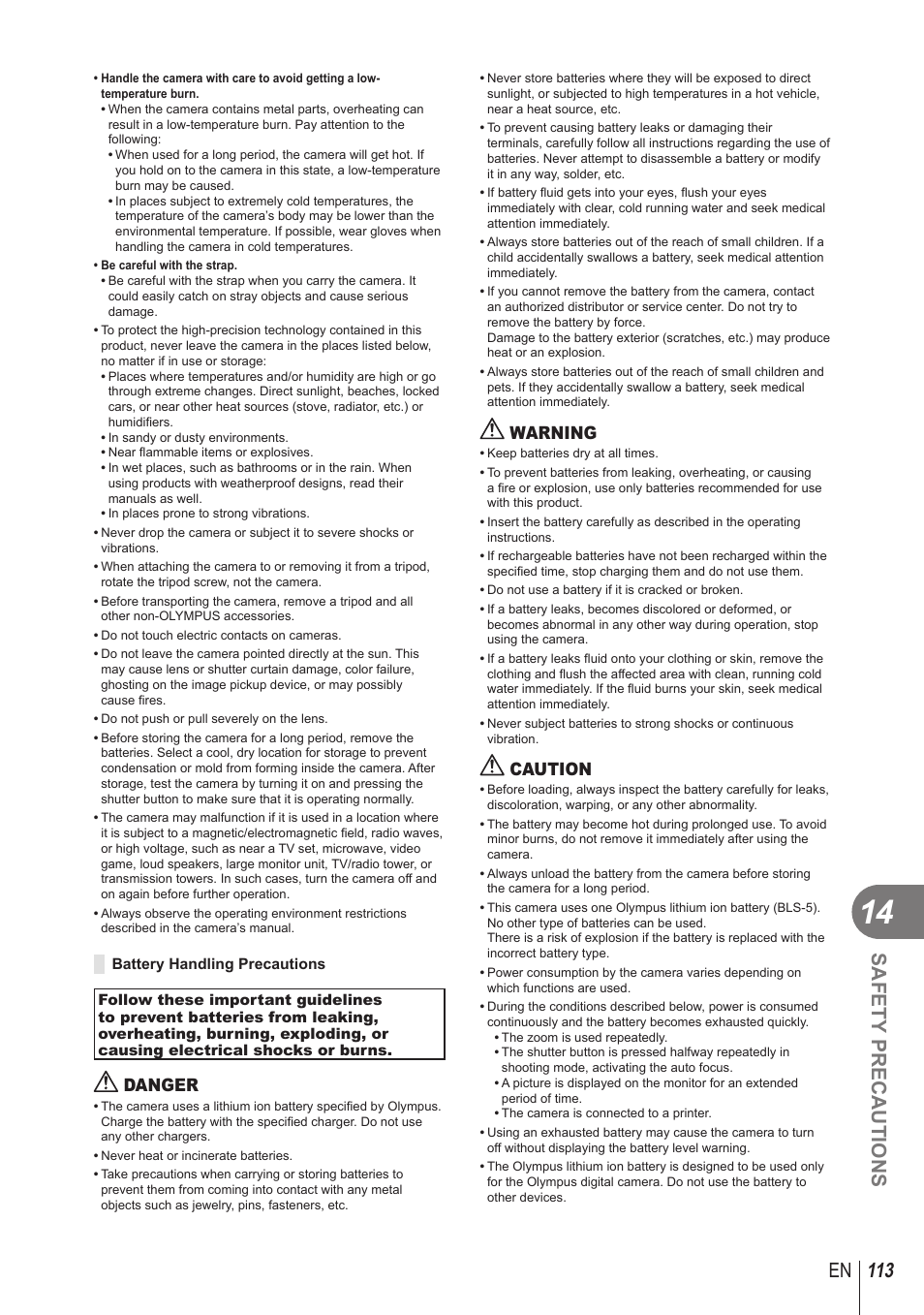 113 en safety precautions, Danger, Warning | Caution | Olympus STYLUS 1 User Manual | Page 113 / 120