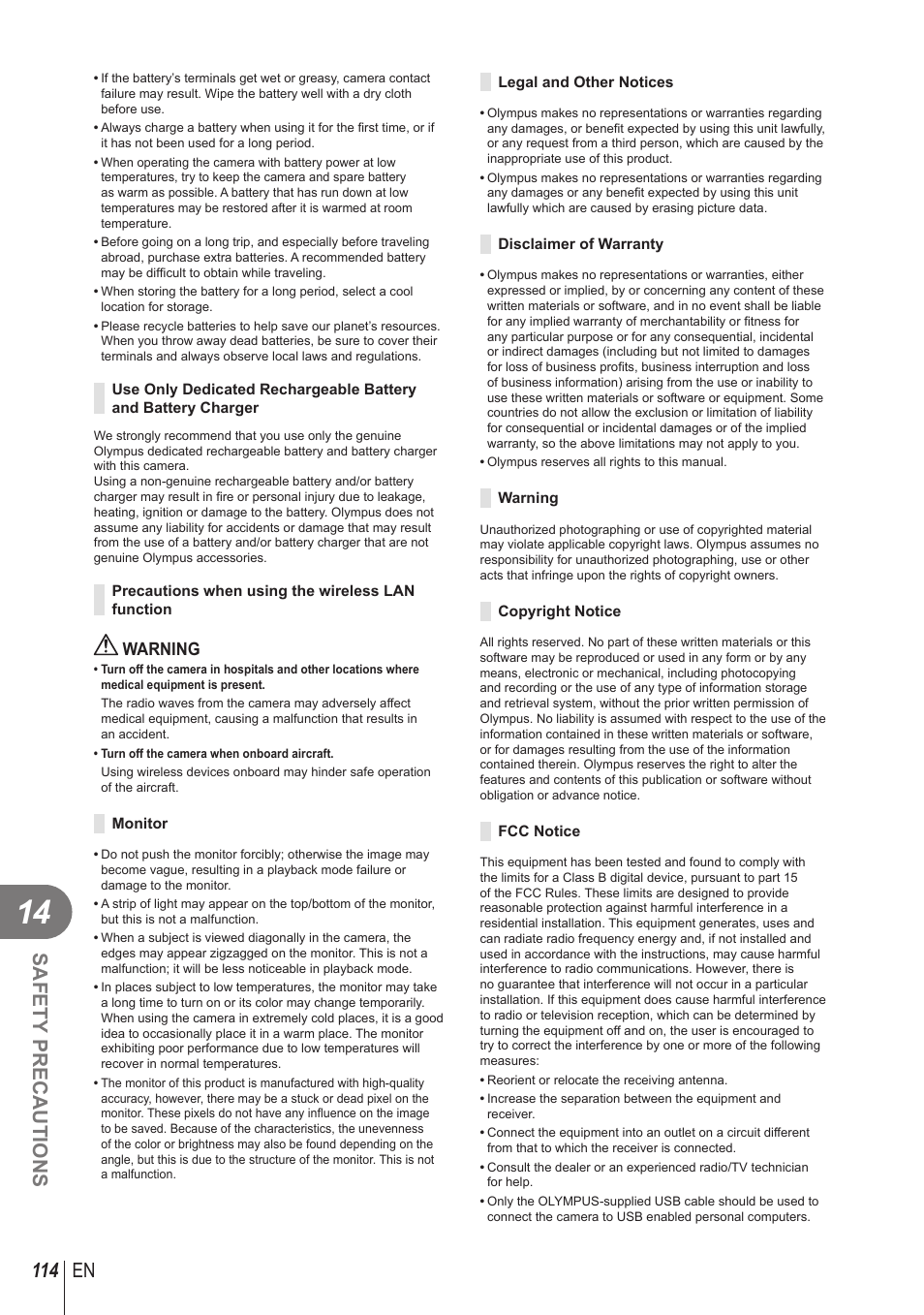 114 en safety precautions, Warning | Olympus STYLUS 1 User Manual | Page 114 / 120