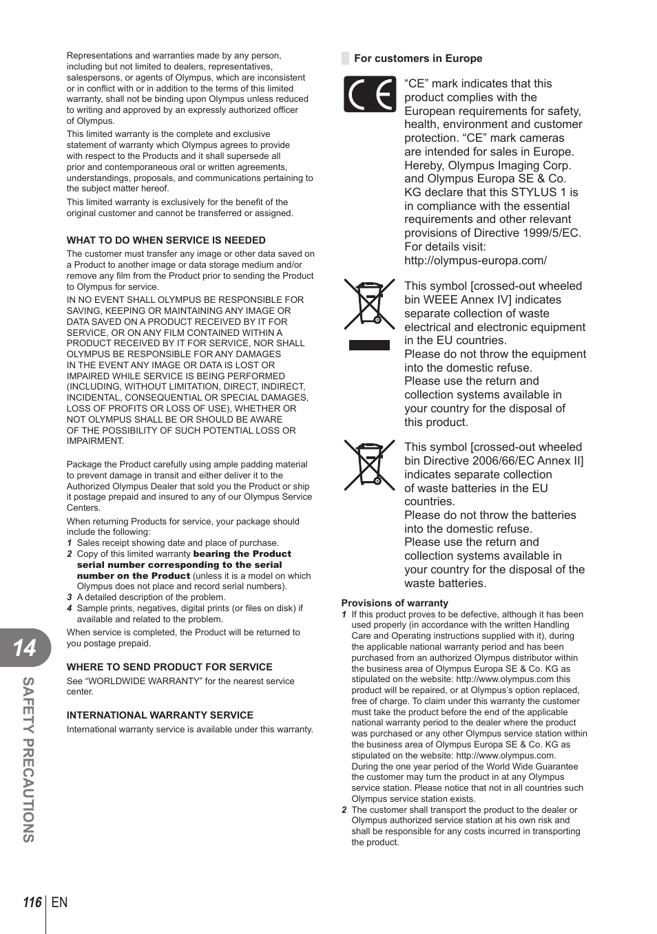 116 en safety precautions | Olympus STYLUS 1 User Manual | Page 116 / 120