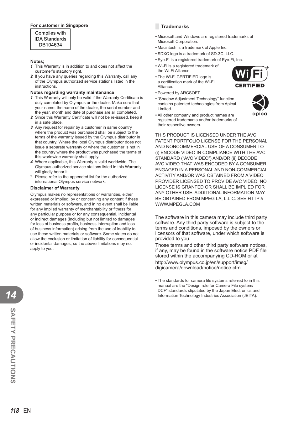 118 en safety precautions | Olympus STYLUS 1 User Manual | Page 118 / 120