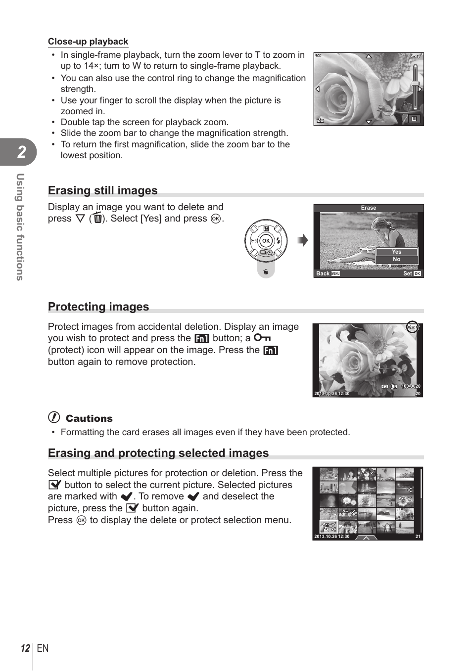 Erasing still images, Protecting images, Erasing and protecting selected images | 12 en using basic functions | Olympus STYLUS 1 User Manual | Page 12 / 120