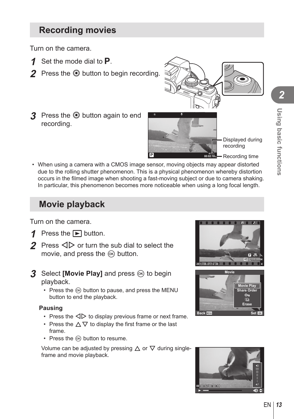 Recording movies, Movie playback, Turn on the camera | Set the mode dial to p, Press the r button to begin recording, Press the r button again to end recording, Press the q button, Select [movie play] and press q to begin playback, 13 en using basic functions | Olympus STYLUS 1 User Manual | Page 13 / 120