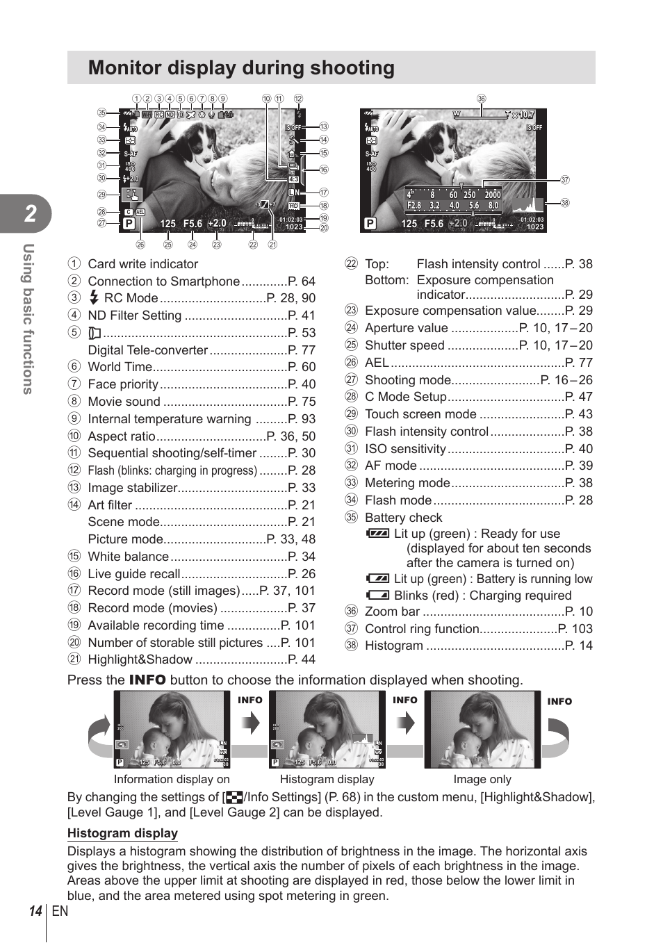 Monitor display during shooting, 14 en using basic functions | Olympus STYLUS 1 User Manual | Page 14 / 120