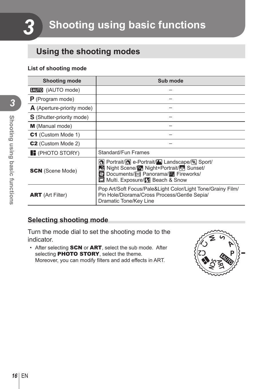Shooting using basic functions, Using the shooting modes | Olympus STYLUS 1 User Manual | Page 16 / 120