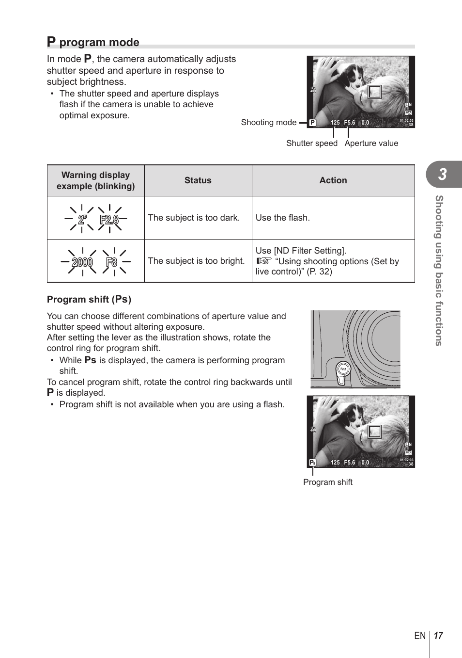 P program mode, 17 en shooting using basic functions, Program shift ( % ) | Olympus STYLUS 1 User Manual | Page 17 / 120