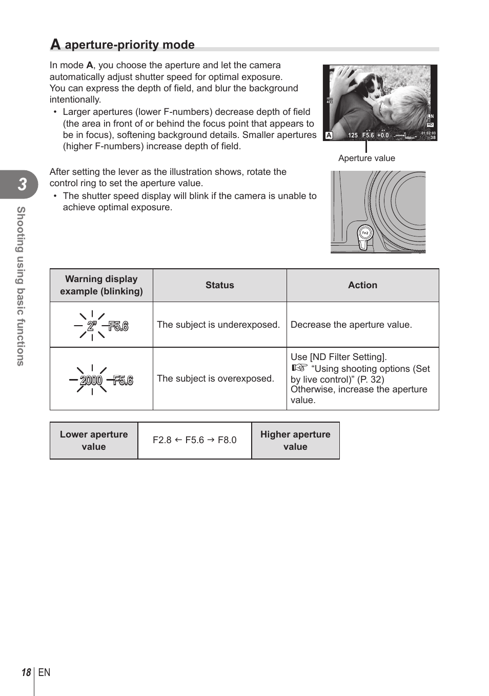 A aperture-priority mode, 18 en shooting using basic functions | Olympus STYLUS 1 User Manual | Page 18 / 120