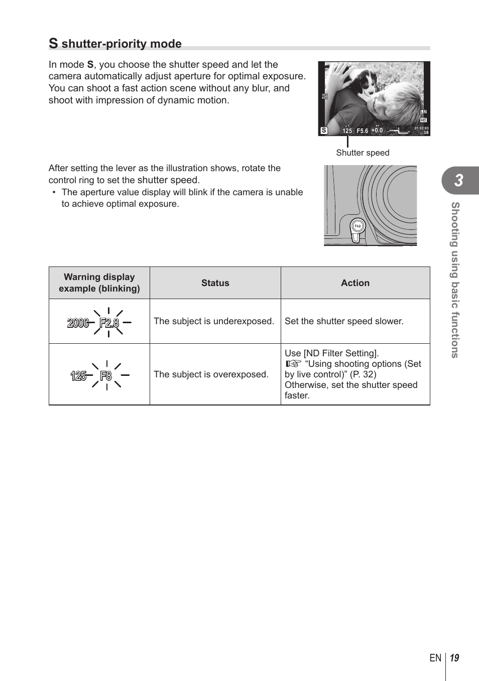 S shutter-priority mode, 19 en shooting using basic functions | Olympus STYLUS 1 User Manual | Page 19 / 120